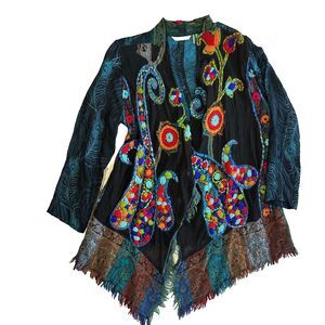Soft Surroundings Embroidered Peacock Feather Kimono Cardigan Jacket Women's S